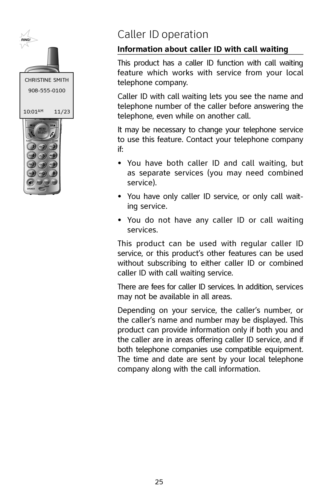 AT&T E2811 user manual Caller ID operation, Information about caller ID with call waiting 